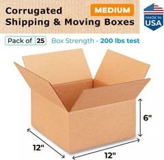 Medium Moving & Shipping Boxes 12″L x 12″W x 6″H (25-Pack) – Extra Strength 2…