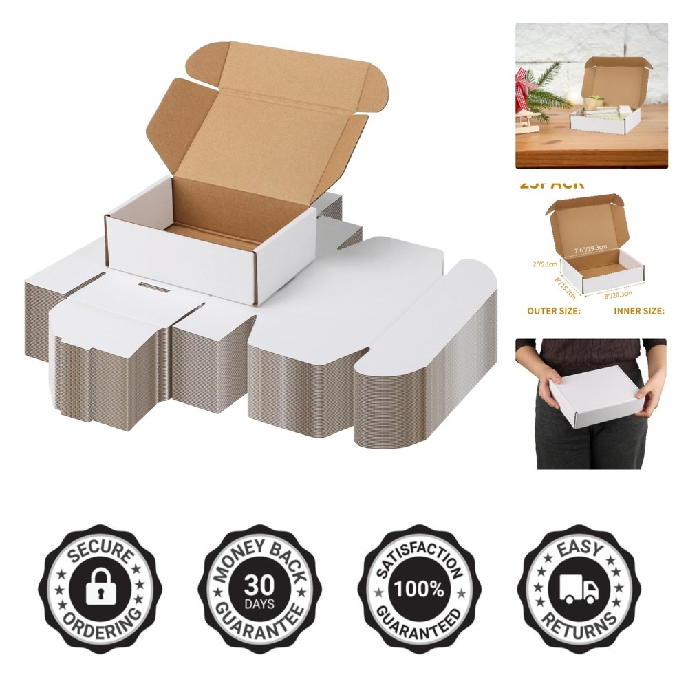 25 Pack 8x6x2 Inch White Corrugated Shipping Boxes for Small Business & Gifts