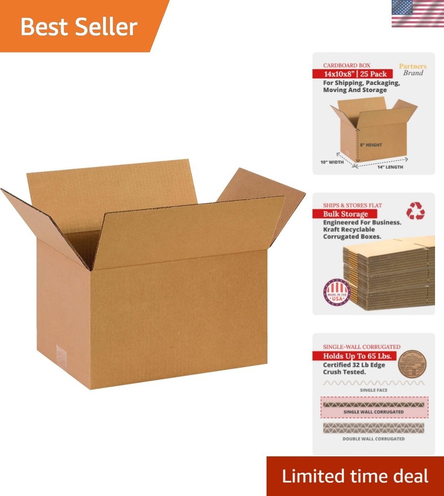 Pack of 25 Heavy-Duty 14x10x8 Corrugated Boxes for Reliable Shipping & Storage