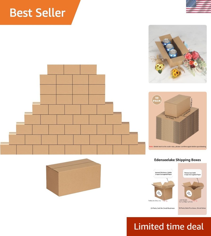 50 Pack Small Corrugated Shipping Boxes – Brown, 8x4x4 Inches