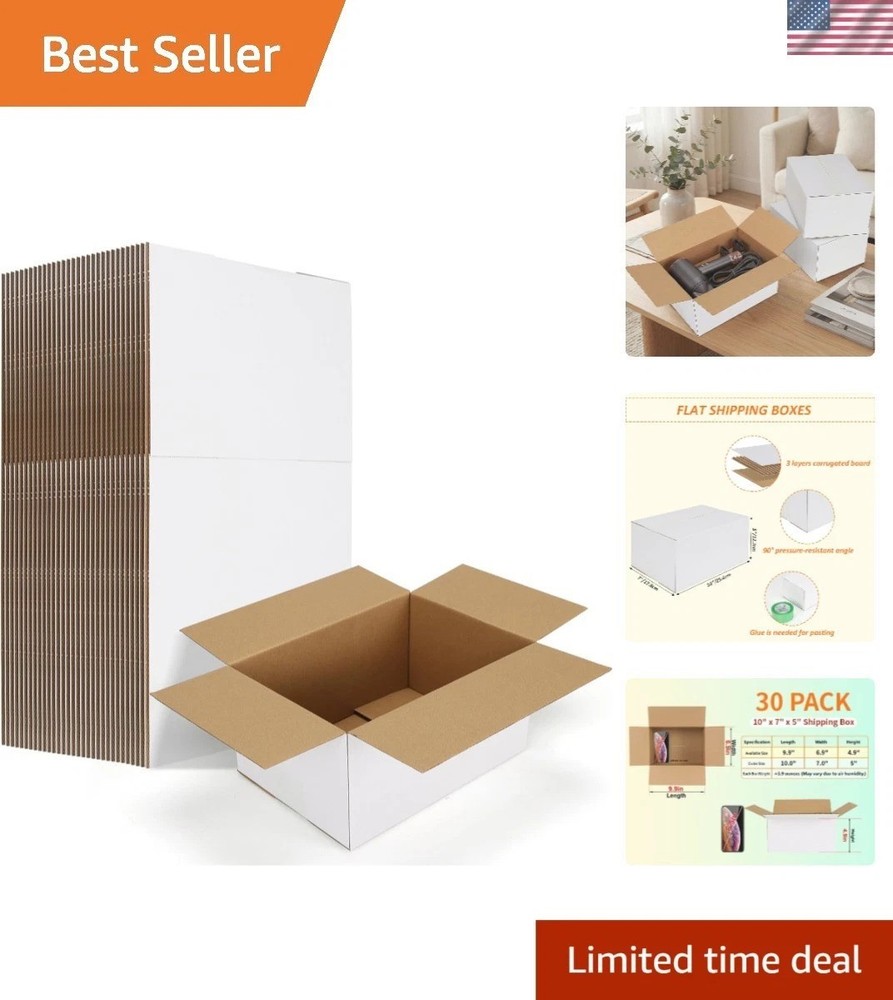 White Cardboard Shipping Boxes – 30 Count – 10x7x5 Inches, Recyclable