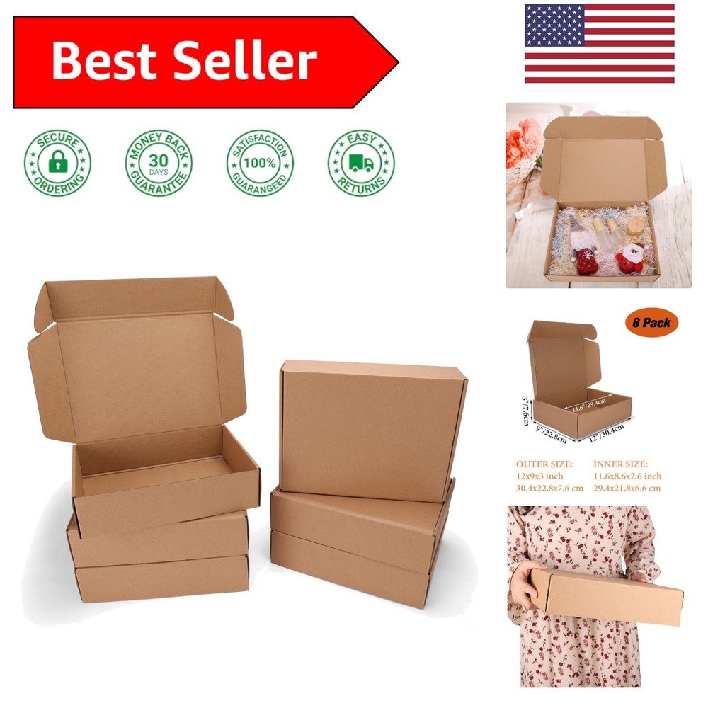 Sturdy & Lightweight 6 Pack Shipping Boxes 12x9x3 – Perfect for Gift Wrapping