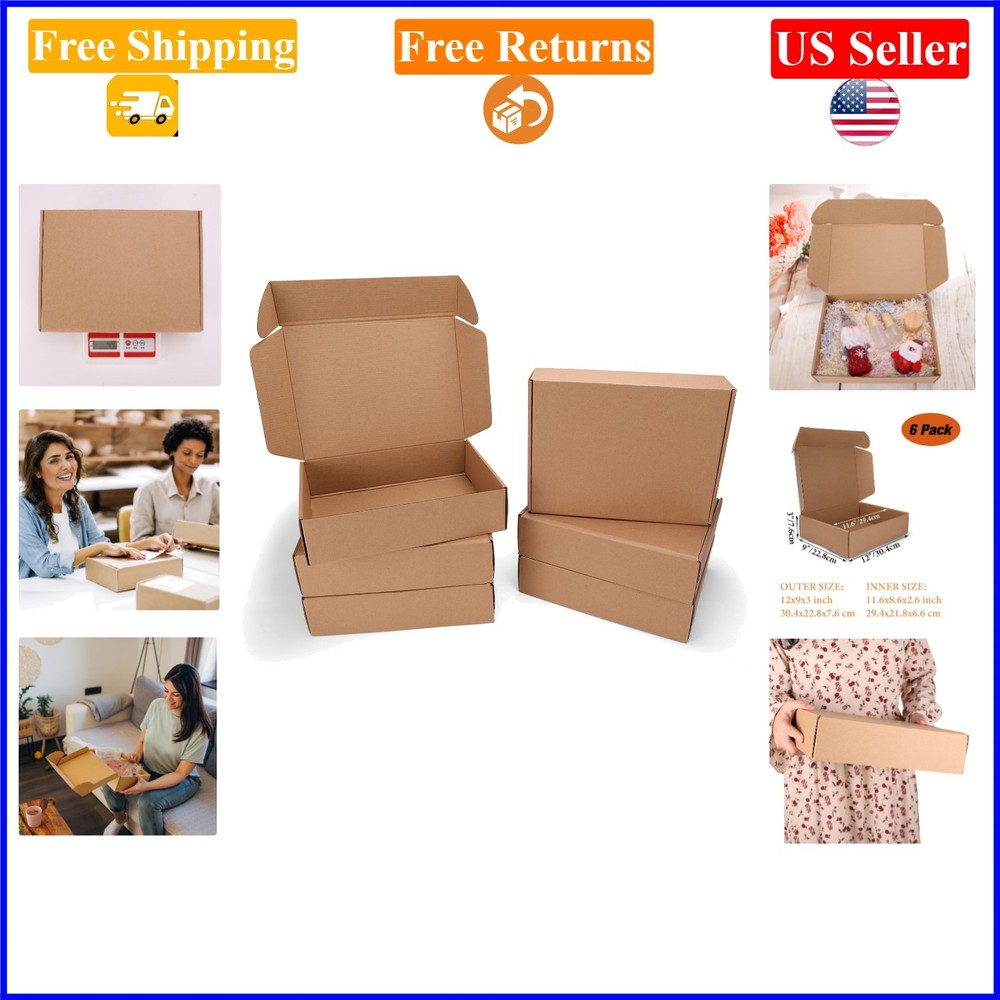 6 Pack Brown 12x9x3 inch Corrugated Shipping Mailer Boxes for Small Business