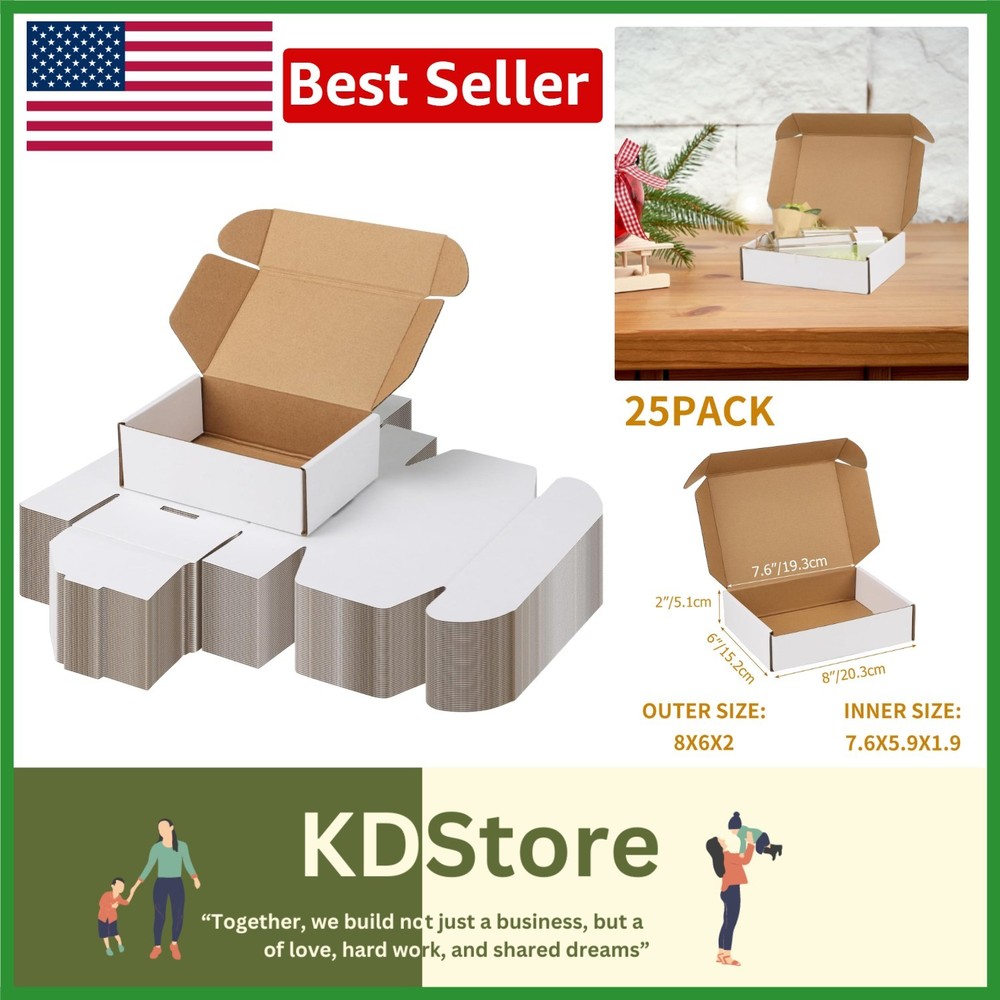 25-Pack White 8x6x2 Inch Corrugated Shipping Boxes