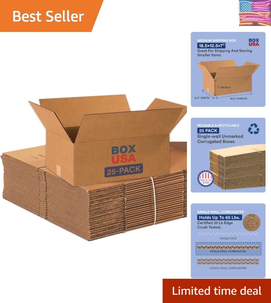 Versatile 25-Pack Medium Corrugated Boxes – Perfect 18.5×12.5×7 Storage Solution