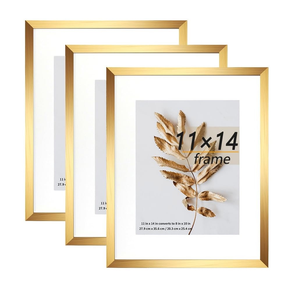 11×14 Picture Frame Gold 3 Pcs set can Display 8×10 Picture with Mat or 11×14…