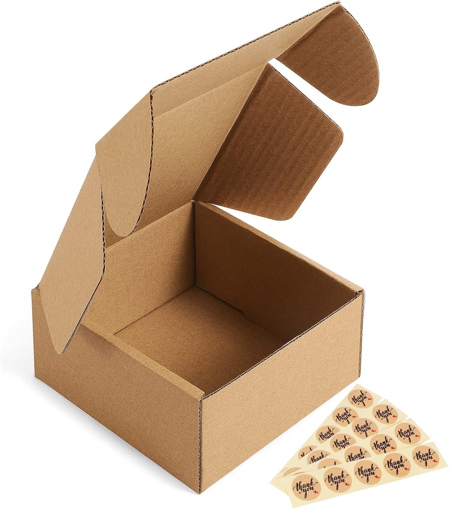 Pack of 50 Brown 4x4x2 Shipping Boxes with Thank You Stickers for Small Items