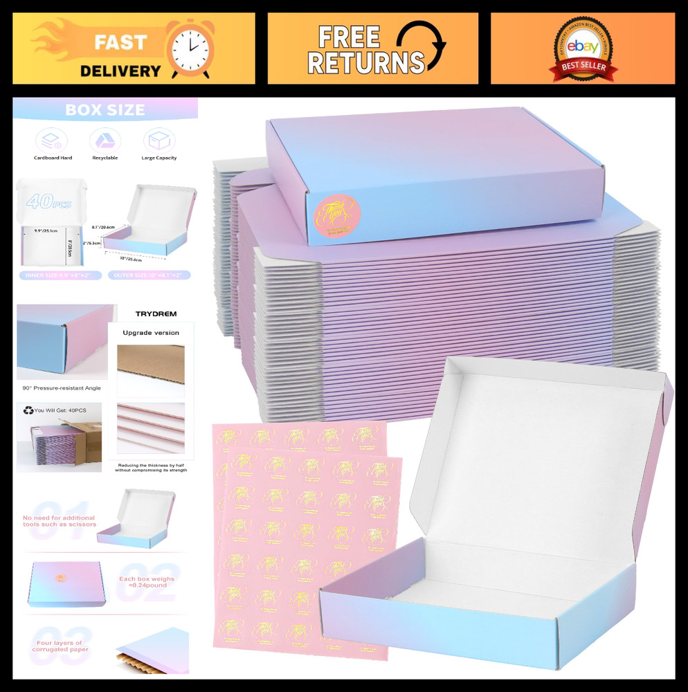 40 Pack Purple Gradient Shipping Boxes 10x8x2, Corrugated Mailer Packaging for G
