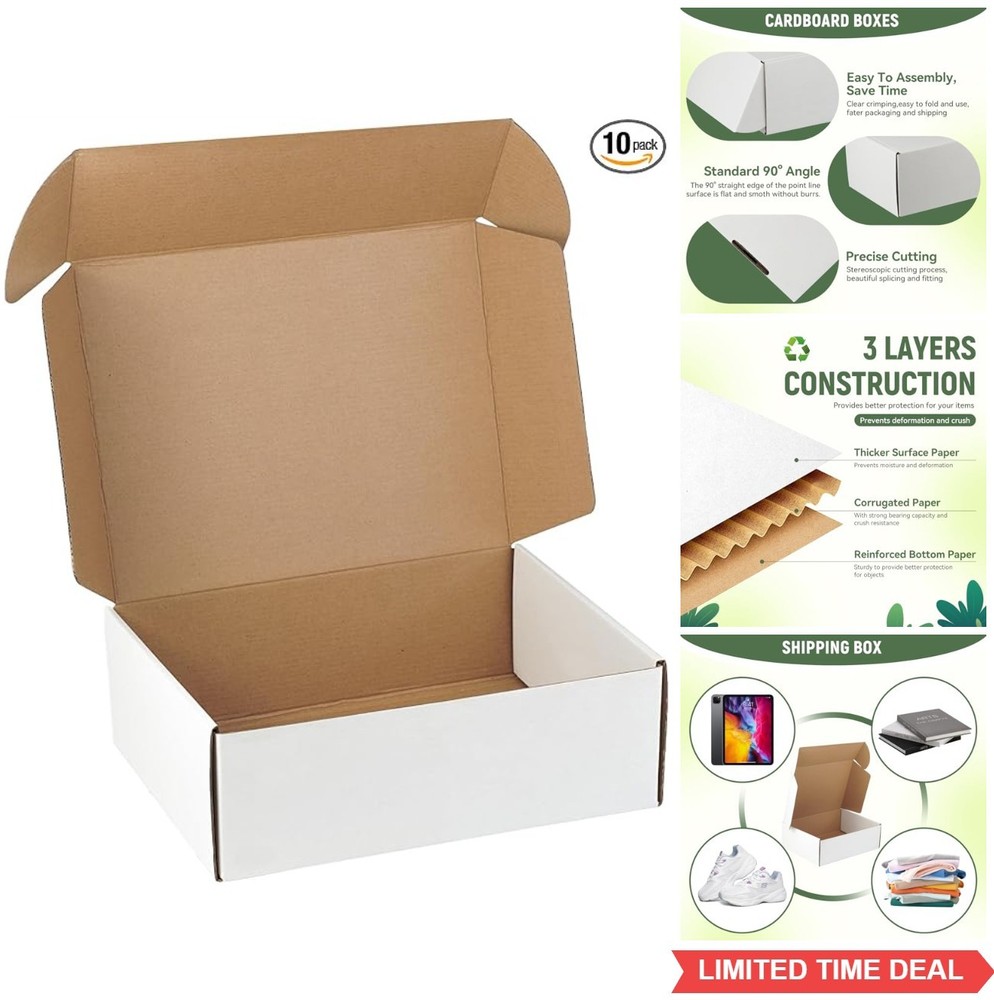 10 Pack 12x9x4 Inch White Corrugated Cardboard Shipping Boxes for Small