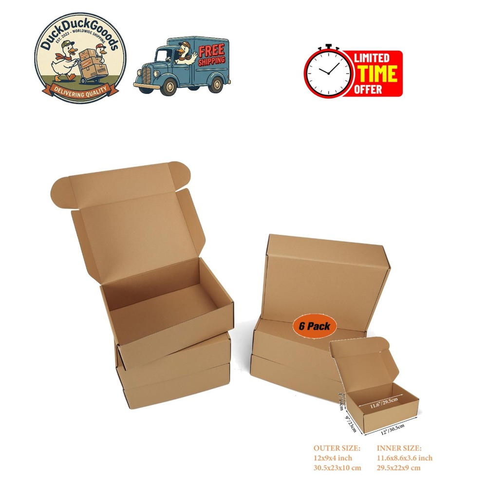 6 Pack Brown Mailer Boxes – Sturdy 12x9x4 Inch Cardboard for Gifts & Shipping