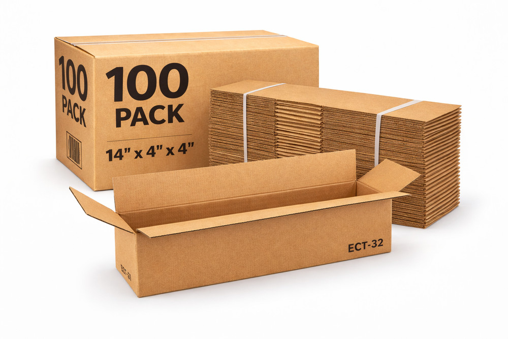 100 Shipping Boxes 14x4x4 Corrugated Kraft ECT-32 Bulk