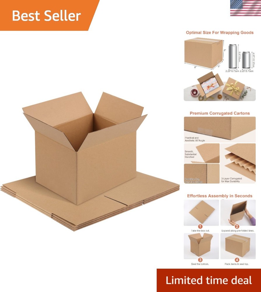 Durable 3-Layer Kraft Brown Boxes, 4 PCS 8x6x6 – Ideal for Packing & Shipping