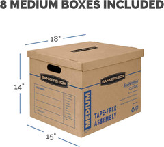 Medium Classic Moving Box 8 Pack, Reinforced Handles, Tape-Free Assembly, Box wi