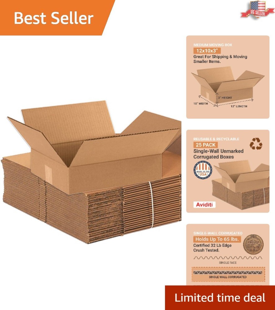 Strong Corrugated Cardboard Boxes – Heavy Duty – 12x10x3, 25 Pack Bundle