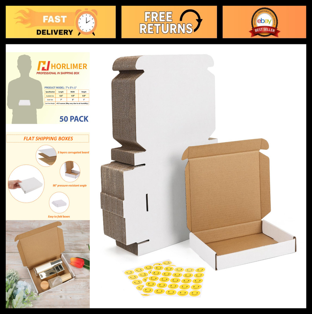50 Pack White Corrugated Shipping Boxes 7x5x1 Inches – Durable Mailer for Litera