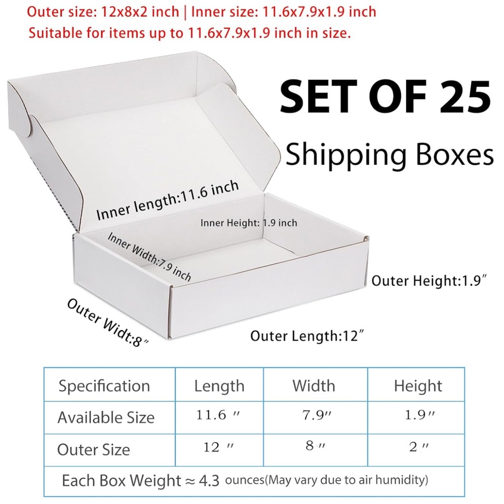 Small Business Packaging Boxes 12x8x2, 25 Pack | Lightweight