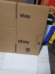 5 Shipping Boxes– 8″x 8″x 8″; NEW; Folded Flat; Shipped Flat; (ebay Logo)