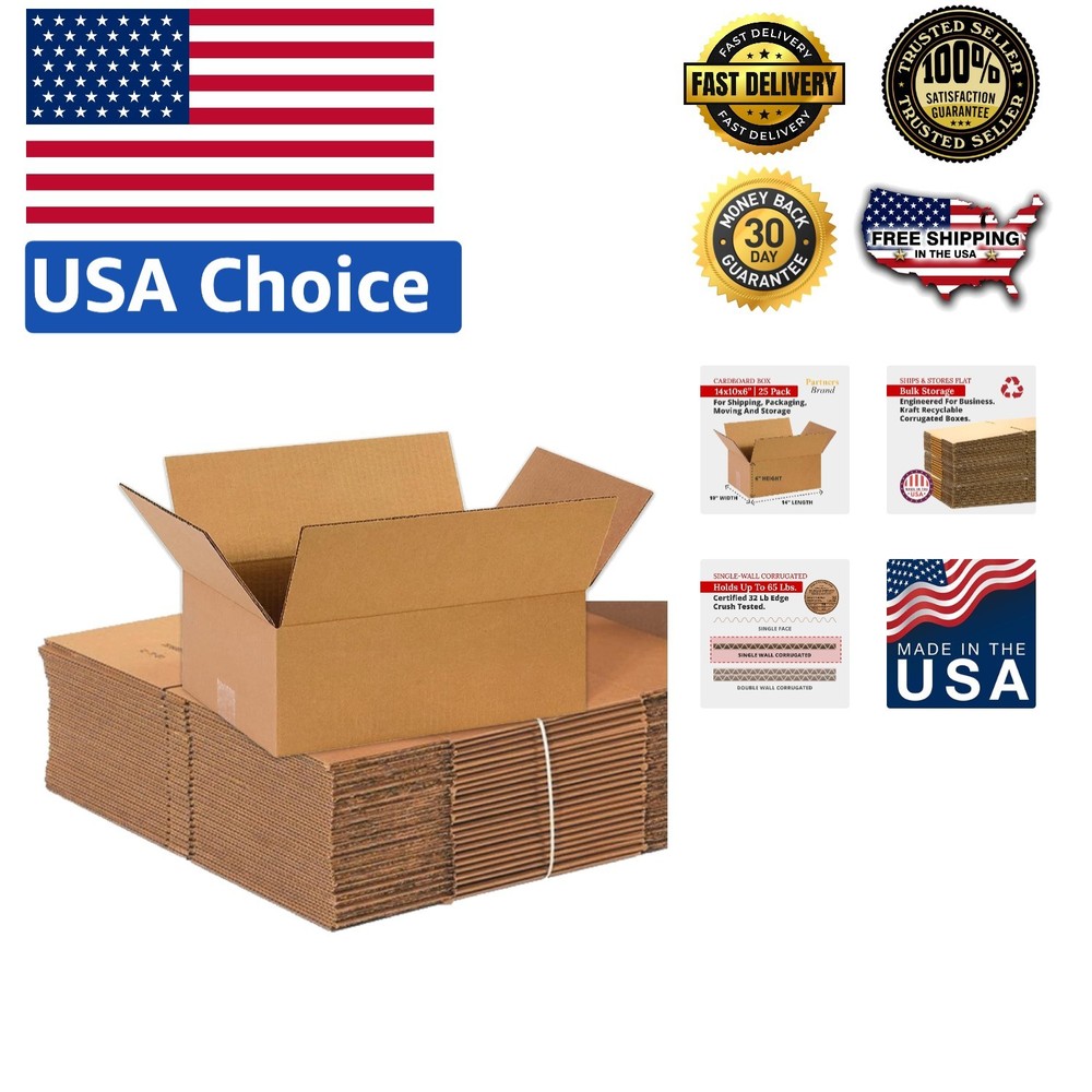 Bulk Pack of 25 Durable 14″L x 10″W x 6″H Cardboard Boxes – Perfect for Moving