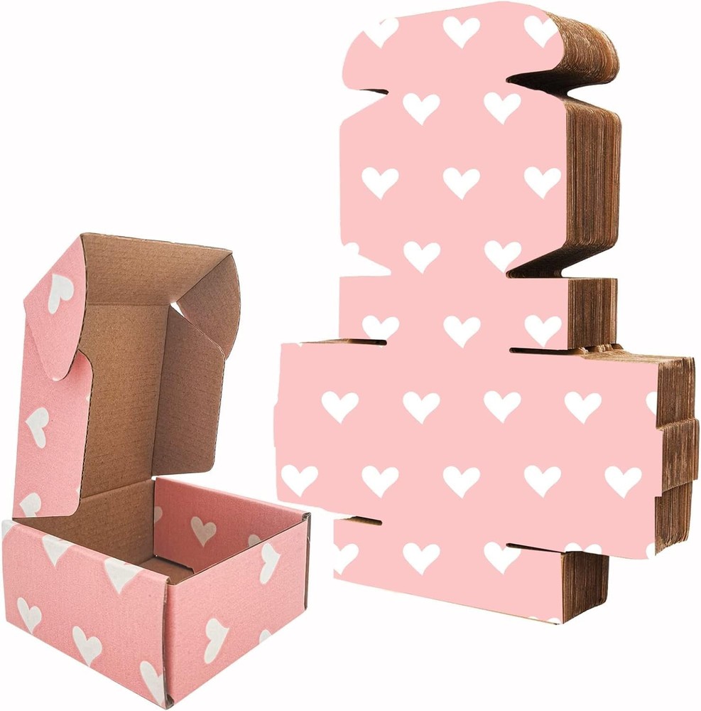 25 Pack Baby Pink Hearts Shipping Boxes, 4 x 4 x 2 inch Recyclable Kraft Corr…