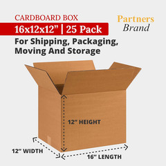 Partners Brand 16X12X12 Corrugated Cardboard Boxes, 16″L X 12″W X 12″H, Pack of