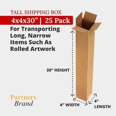 PARTNERS BRAND 4x4x30 Tall Corrugated Boxes, Tall, 4L x 4W x 30H, Pack of 25 | S