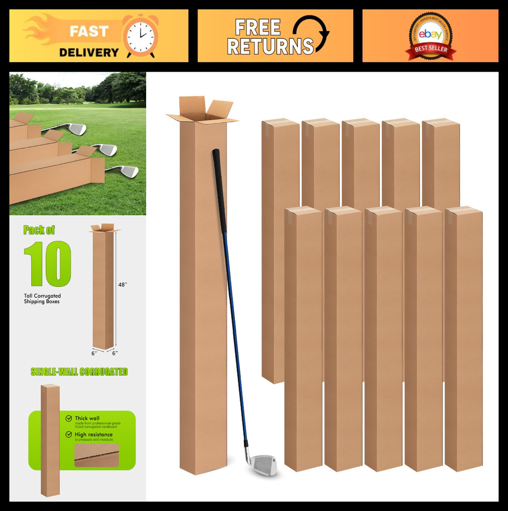 10 Pack 6x6x48 Inch Tall Corrugated Boxes – Shipping, Moving, Storage for Golf C