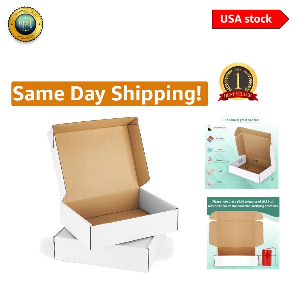 Sturdy White Shipping Boxes 12x9x3″ – 20 Count with Personal Touch Stickers