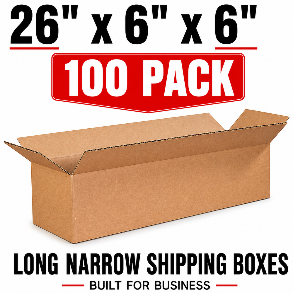 100 Boxes 26x6x6″ Long Corrugated Shipping Boxes ECT-32 Kraft Packing Cartons
