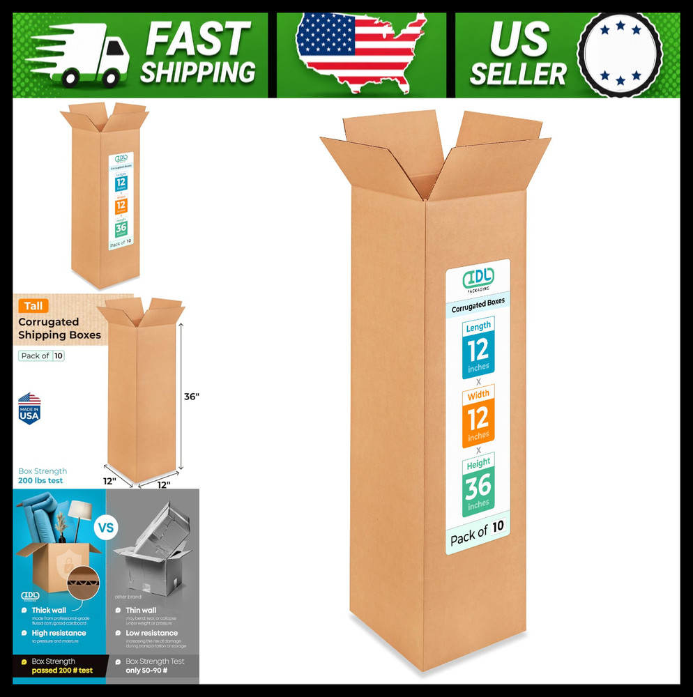 Tall Moving & Shipping Boxes 12x12x36 in 10-Pack Extra Strength Corrugated
