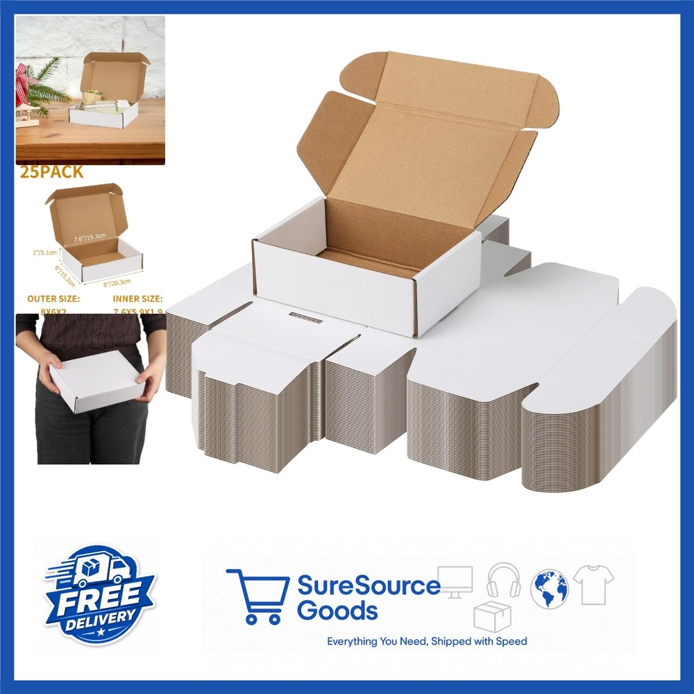 8x6x2 Inch Mailer Boxes 25 Pack White Cardboard for Small Business Packaging