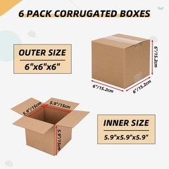 Small Kraft Moving Boxes 6x6x6 Inches, 6 Pack, Corrugated Mailing, Brown