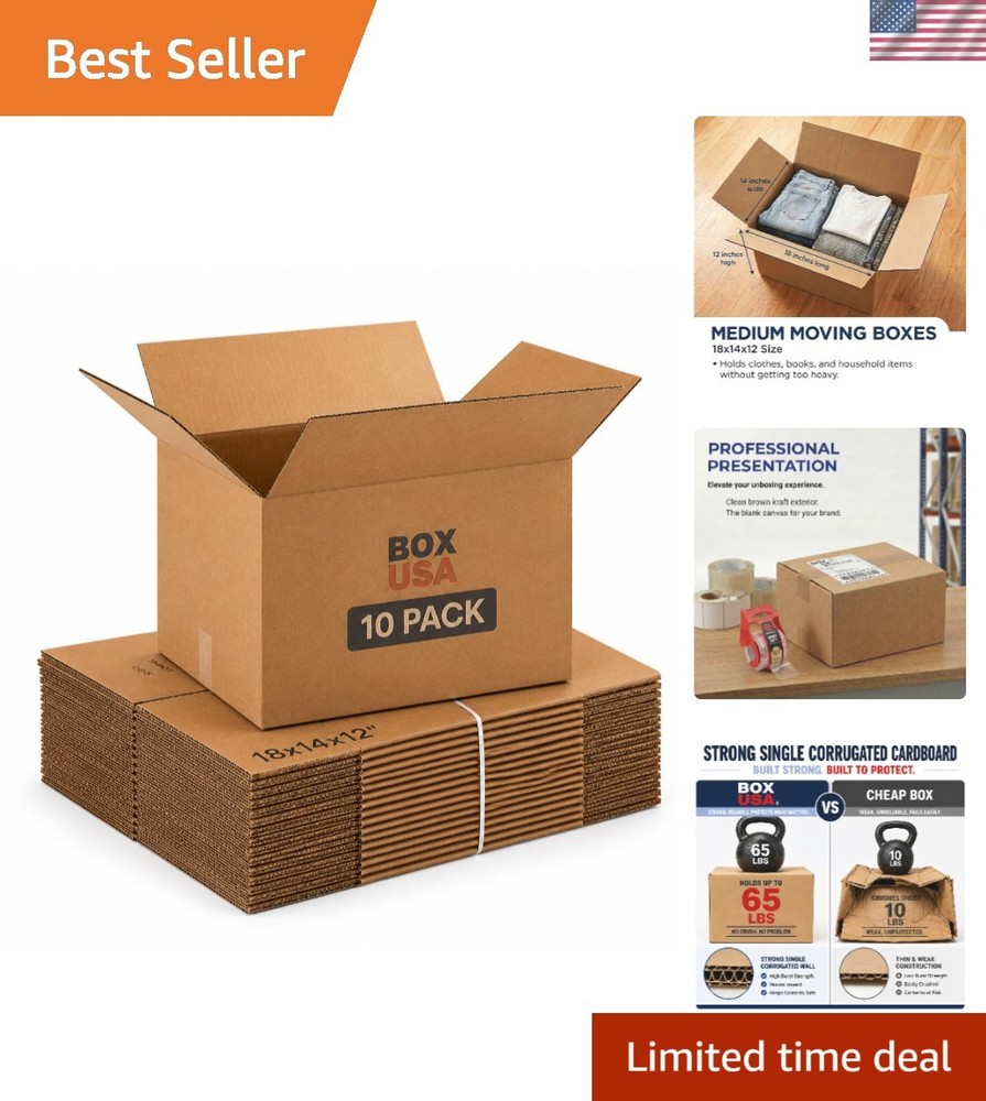 Medium Corrugated Moving Boxes 18″L x 14″W x 12″H – Pack of 10 for Safe Packing