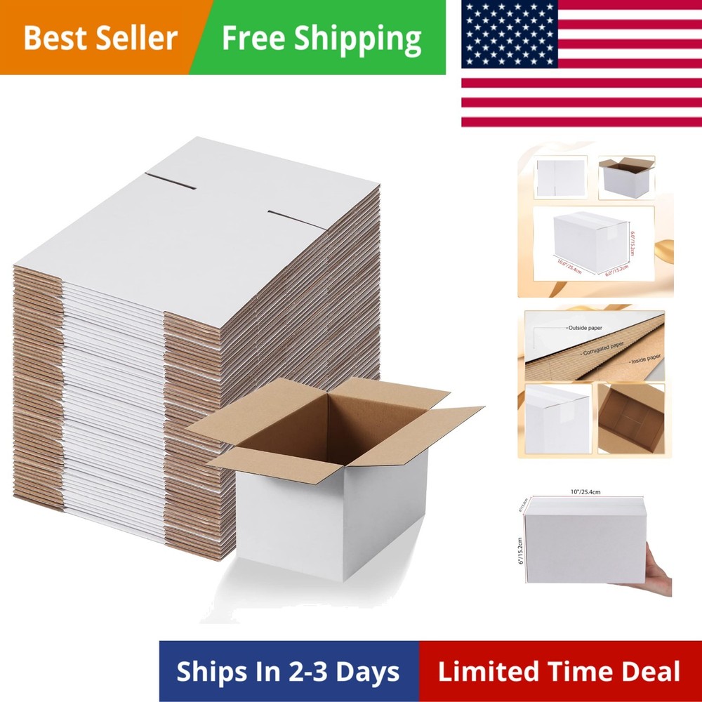 10x6x6 Shipping Boxes Set of 40, White Corrugated Cardboard Box for Mailing P…