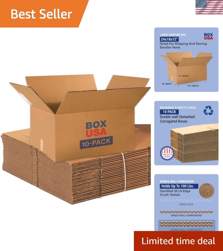 10-Pack 100 lb Capacity Shipping Boxes 24″L x 18″W x 12″H – Perfect for Moves