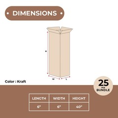 6 x 6 x 40″ – Tall Corrugated Boxes, ECT-32, 25/pack