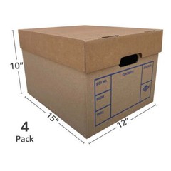 File Moving Boxes, 200# Strength, Single Wall,1 Pack, 15 x 12 x 10 in, 4 Count