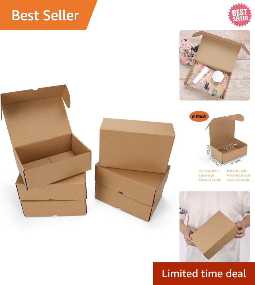Versatile 6 Pack 9x6x3 Inch Mailer Boxes – Secure Closure for Shipping & Gifts