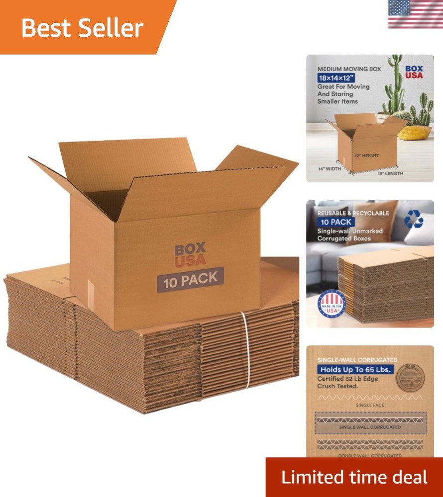 10-Pack Medium Moving Boxes 18″L x 14″W x 12″H – Heavy-Duty Corrugated Design