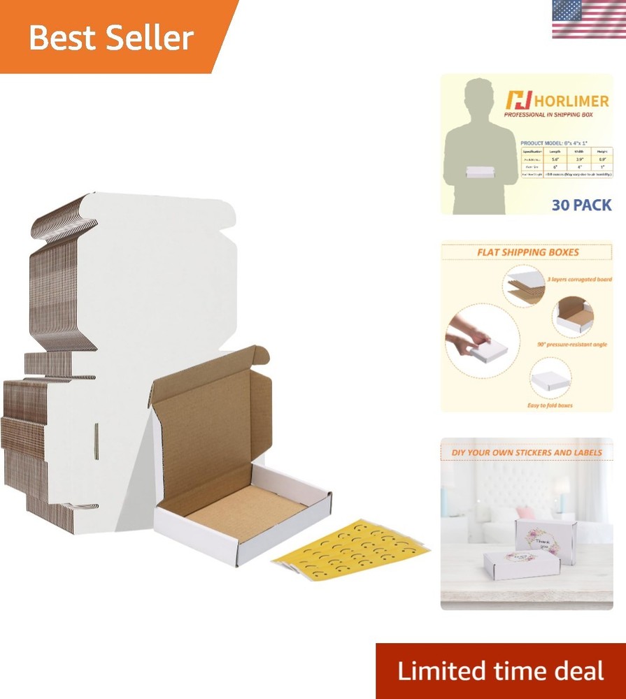 30-Pack White Corrugated Mailer Boxes 6x4x1 – Easy Assembly & Versatile Use