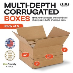Multi-Depth Corrugated Boxes, 14″L x 12″W x 6″H, Pack of 5 – USA-Made Boxes f…