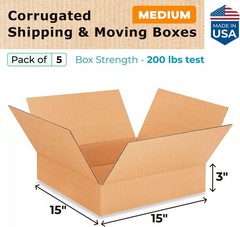5 PCS 15x15x3 Inch Heavy Duty Shipping Boxes 200 lb Corrugated Moving Carton