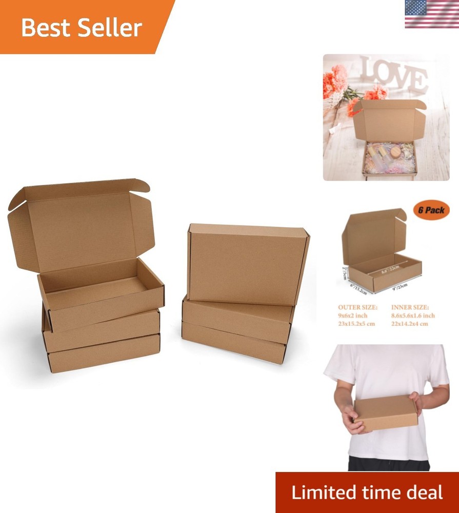 9x6x2 Inch Shipping Boxes – 6 Pack Brown Mailer Boxes for Stylish Gift Wrapping