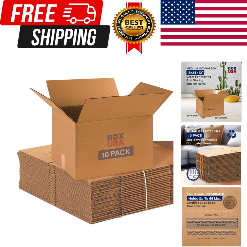 Moving Boxes Medium 18″L x 14″W x 12″H 10-Pack | Corrugated Cardboard Box for…