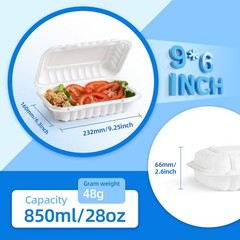 YANGRUI 50-Pack 28oz 9×6 White Takeout Boxes – Shrink Wrapped No Pre-Wash | B…