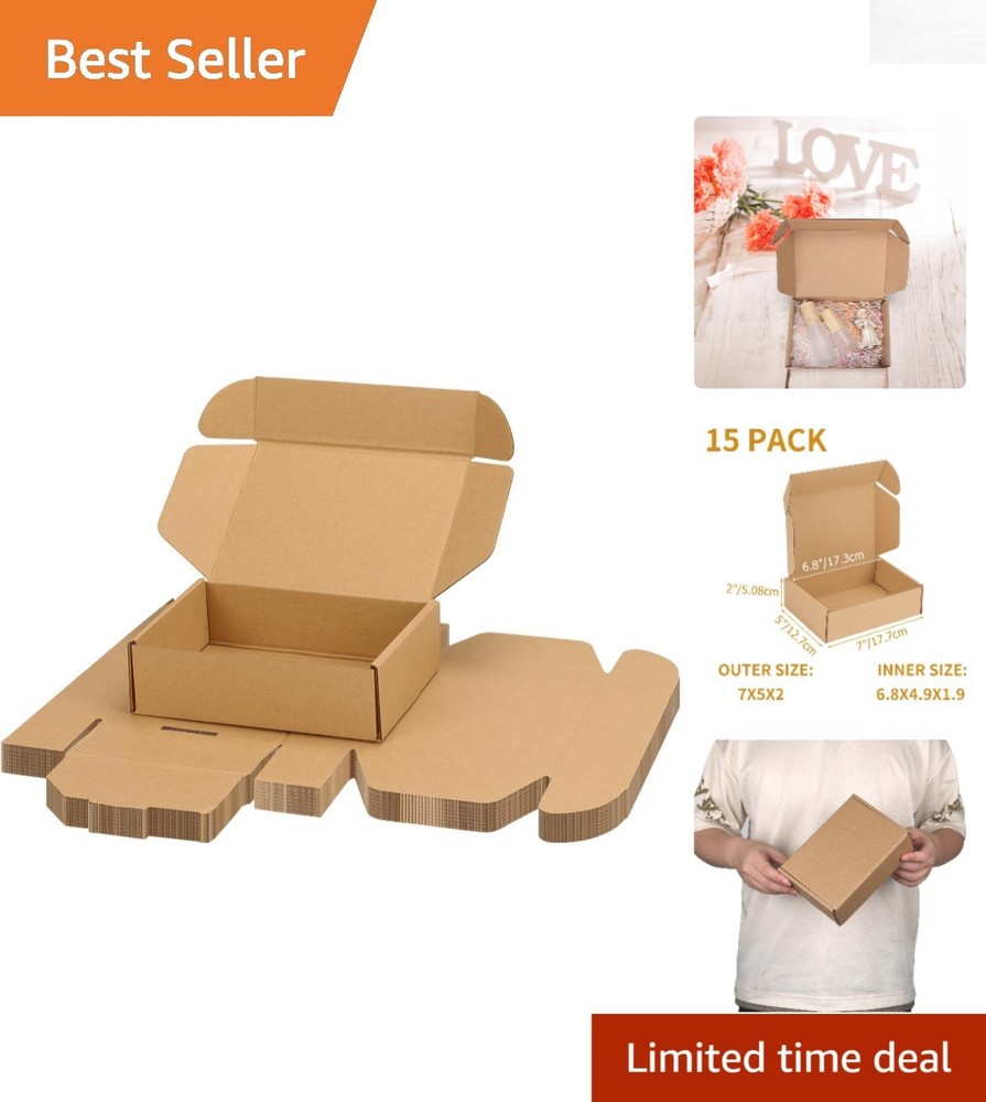Versatile 7x5x2 Shipping Boxes – 15-Pack Easy Assembly for Gifts & Packaging