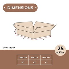 15 x 10 x 4″ Flat Corrugated Boxes, ECT-32 Brown Shipping/Moving Boxes 25/Bundle