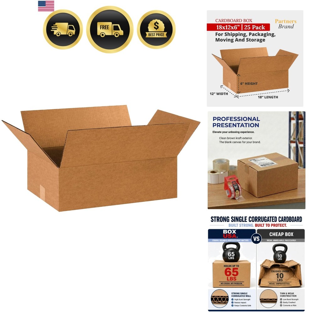 Partners Brand 18x12x6 Corrugated Cardboard Boxes, 18″L x 12″W x 6″H, Pack of…