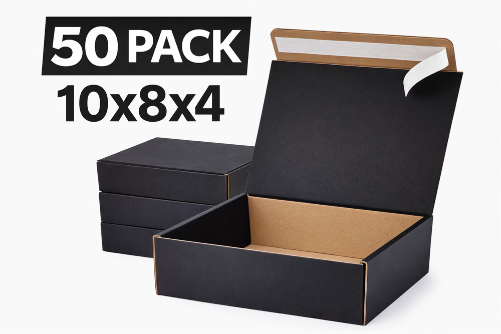 50 Black Shipping Boxes 10x8x4 Mailer Boxes Corrugated Cartons Self Seal No Tape