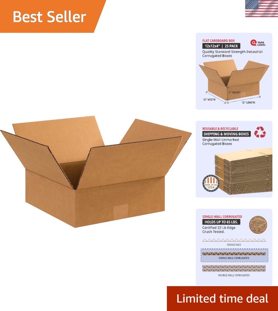 Brand New 12x12x4 Corrugated Cardboard Boxes, Kraft, Flat