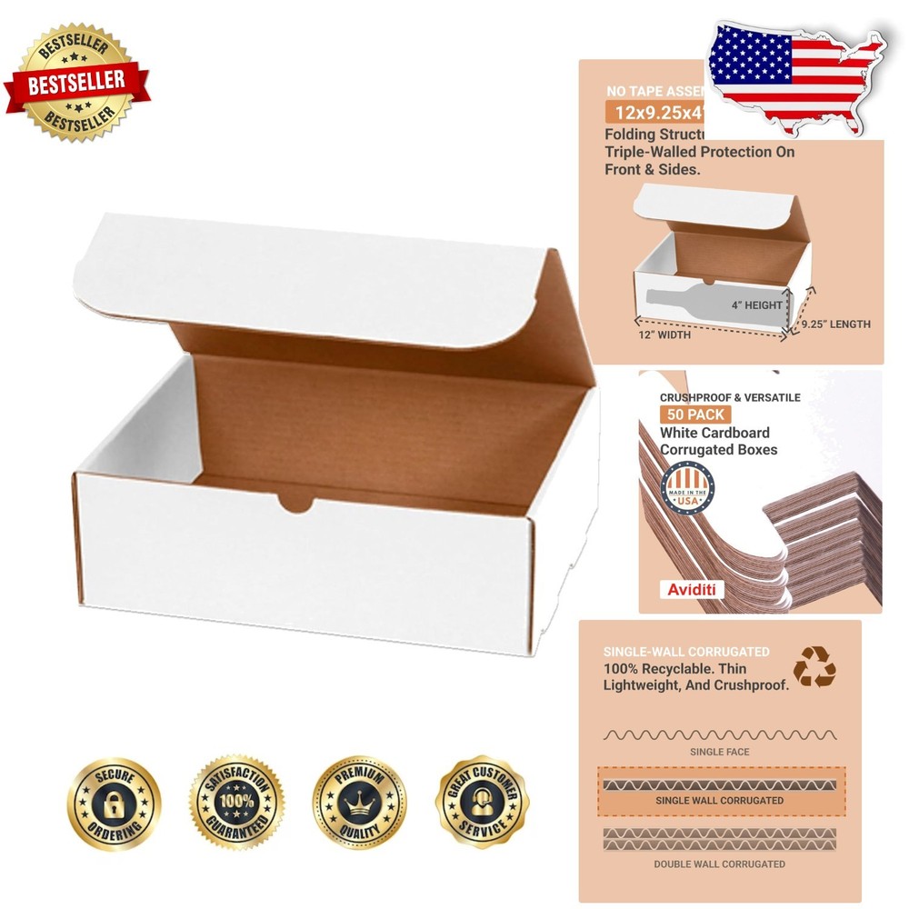Small Shipping Boxes 12x9x4″ 50-Ct Oyster White Corrugated Heavy Duty